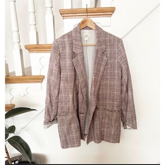 Maeve Double Breasted Blazer Brown Plaid Cotton Linen Blend Size 8 - Picture 2 of 9